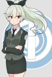  1girl alternate_costume alternate_hairstyle anchovy brown_eyes buttons crossed_arms girls_und_panzer green_hair hair_between_eyes hair_ribbon high_ponytail hinomaru_(futagun) long_hair long_sleeves looking_at_viewer military military_uniform necktie pencil_skirt ponytail ribbon skirt solo uniform vest wind 