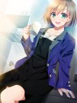  1girl blue_eyes brown_hair cup highres looking_at_viewer miyamori_aoi mug nonohachi open_mouth shirobako short_hair solo 