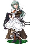  1girl aa_gun adapted_costume alternate_costume apron aqua_eyes aqua_hair ascot brown_dress brown_legwear cannon dress enmaided flight_deck hair_ornament hairclip kantai_collection long_hair machinery maid smile solo suzuya_(kantai_collection) tatsumi_rei thigh-highs turret 