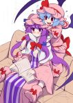  2girls ascot bat_wings blue_hair blush book bow brooch couch crescent crescent_hair_ornament dress eichi_yuu hair_ornament hat hat_ribbon jewelry long_hair mob_cap multiple_girls open_mouth patchouli_knowledge purple_hair red_eyes remilia_scarlet ribbon sitting smile striped striped_dress touhou violet_eyes wings 