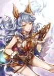  1girl animal_ears artist_name bangs black_gloves blue_hair breasts cape closed_mouth dr. ferry_(granblue_fantasy) from_above fur_trim ghost gloves granblue_fantasy holding_weapon holding_whip jewelry long_hair rabbit_ears sideboob single_earring sketch skirt sleeveless solo wavy_hair whip yellow_eyes 