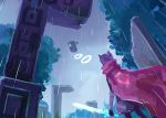 animal_ears black_legwear commentary from_behind hyper_light_drifter night_(pixiv) outdoors rain red_cape ruins sword tree weapon 