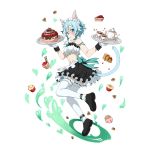  1girl animal_ears arm_ribbon blue_eyes blush cake carrying cat_ears cat_tail cookie cup cupcake food frilled_legwear full_body gloves hair_ribbon heart highres light_blue_hair looking_at_viewer maid_headdress pancake ribbon ribbon-trimmed_legwear ribbon_trim saucer shinon_(sao) short_hair skirt solo spoon sword_art_online tail tea teacup teapot thigh-highs transparent_background white_legwear 