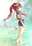  ass beach full_body hair_ribbon i-168_(kantai_collection) kantai_collection long_hair looking_at_viewer ocean one-piece_swimsuit ponytail redhead ribbon school_swimsuit school_uniform serafuku swimsuit swimsuit_under_clothes water 