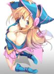  1girl bare_shoulders blonde_hair blue_boots blush boots breasts choker cleavage collarbone dark_magician_girl from_above gintarou_(kurousagi108) green_eyes hat kneeling large_breasts long_hair looking_at_viewer looking_up skirt smile solo wizard_hat yuu-gi-ou 
