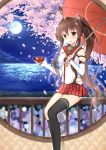  1girl asymmetrical_legwear black_legwear blush brown_hair cherry_blossoms detached_sleeves flower full_moon hair_flower hair_intakes hair_ornament highres kantai_collection kneehighs long_hair long_legs moon night open_mouth petals ponytail red_eyes rong_yi_tan sakazuki sitting skirt sky solo star_(sky) thigh-highs umbrella very_long_hair yamato_(kantai_collection) 