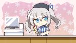  1girl blue_eyes cash_register chibi counter employee_uniform hat highres kantai_collection kashima_(kantai_collection) kisaragi_yuu_(re:lucks) lawson long_hair silver_hair twintails uniform 