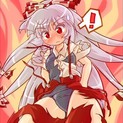  1girl blush bow fujiwara_no_mokou hair_bow long_hair red_eyes school_swimsuit sweatdrop swimsuit swimsuit_under_clothes torn_clothes touhou white_hair winn 