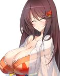  1girl breasts brown_hair cleavage closed_eyes highres huge_breasts japanese_clothes kimono long_hair minamon_(vittel221) parted_lips see-through simple_background solo white_background 