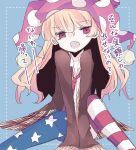  1girl american_flag_legwear bangs blonde_hair clownpiece eyebrows eyebrows_visible_through_hair hat jester_cap long_hair looking_at_viewer nagi_(nagito) necktie open_mouth pantyhose plaid plaid_skirt polka_dot red_eyes red_necktie shirt simple_background skirt sleeves_past_wrists solo touhou translation_request white_shirt 