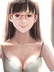  1girl black_hair breasts cleavage glasses highres long_hair mmelica mole mole_under_eye original smile solo 