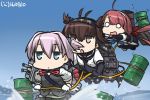  3girls ahoge black_gloves blue_eyes blue_sky bodysuit brown_eyes brown_hair cannon commentary dated drum_(container) elbow_gloves fingerless_gloves flying_sweatdrops gloves hairband hamu_koutarou hatsuzuki_(kantai_collection) headband kantai_collection kawakaze_(kantai_collection) long_hair low_twintails machinery multiple_girls o_o ocean open_mouth ponytail purple_hair redhead rope school_uniform serafuku shiranui_(kantai_collection) short_hair sky solid_circle_eyes standing standing_on_liquid twintails walking walking_on_liquid white_gloves 