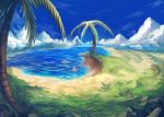  1girl beach clouds giantess grass ikamusume leaf palm_tree rock shinryaku!_ikamusume sky solo tree water yilx 
