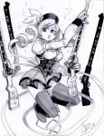  1girl alex_ahad boots breasts corset detached_sleeves drill_hair fingerless_gloves full_body gloves gun hat highres jumping knee_boots long_hair magical_girl magical_musket mahou_shoujo_madoka_magica miniskirt monochrome open_mouth sketch skirt solo sparkle striped striped_legwear thigh-highs tomoe_mami twin_drills vertical-striped_legwear vertical_stripes weapon 