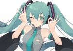  1girl aqua_eyes aqua_hair bare_shoulders detached_sleeves hair_ornament hatsune_miku hayashi_kewi long_hair long_sleeves looking_at_viewer necktie one_eye_closed open_mouth pose shirt solo tattoo twintails upper_body very_long_hair vocaloid wide_sleeves 