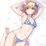  1girl armpits arms_up barefoot bikini blonde_hair bow brown_eyes chan_co djeeta_(granblue_fantasy) granblue_fantasy hair_bow looking_at_viewer lying navel on_back short_hair small_breasts solo swimsuit 