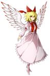  1girl angel_wings arm_at_side armband blonde_hair crazy_smile dress gengetsu highres kan_(aaaaari35) looking_at_viewer red_eyes shiny shiny_hair shoes short_hair simple_background solo touhou white_background white_dress white_shoes wings 
