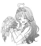  1girl :d ahoge bare_shoulders blush bouquet double_bun dress elbow_gloves flower furo_(harirate) gloves jewelry kantai_collection kongou_(kantai_collection) long_hair monochrome necklace open_mouth smile solo strapless strapless_dress tiara wedding_dress 