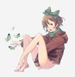  1girl between_legs bottomless bow brown_eyes brown_hair butterfly coat from_side full_body grey_background hair_bow hand_between_legs hood hoodie looking_at_viewer open_mouth original popman3580 scarf short_hair simple_background sitting solo tagme 