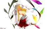  1girl artist_name asymmetrical_hair blonde_hair blood blood_drip blood_on_face closed_eyes flandre_scarlet hat highres kuk_work long_hair mob_cap number side_ponytail signature solo splatter touhou upper_body white_background white_hat 
