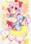  1girl absurdres apple blush breasts cleavage colored_pencil_(medium) food fruit headphones highres large_breasts long_hair looking_at_viewer nitroplus open_mouth pink_eyes pink_hair saffron_factory snow_white_(cosplay) solo super_sonico traditional_media 