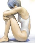  1girl armpits ayanami_rei back_opening bare_arms bare_legs bare_shoulders barefoot blue_hair competition_swimsuit fingernails from_side knees_up legs_up looking_at_viewer looking_to_the_side neon_genesis_evangelion one-piece_swimsuit red_eyes short_hair simple_background solo swimsuit tsurime watanabe_yasuaki white_background white_swimsuit 
