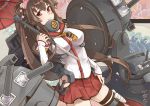  1girl anchor brown_hair cherry_blossoms detached_sleeves flower hair_flower hair_ornament headgear kantai_collection long_hair machinery miniskirt oriental_umbrella pointy_hair ponytail skirt solo turret umbrella very_long_hair yamato_(kantai_collection) 