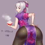  1girl ass bangs bare_arms blunt_bangs bowl china_dress chinese_clothes chopsticks dress eyebrows eyebrows_visible_through_hair eyeliner eyeshadow floral_print food grey_background hair_ribbon hand_on_hip holding idolmaster leaning_forward lipstick long_hair looking_back makeup noodles pantyhose ponytail profile ramen ribbon shijou_takane sidelocks signature silver_hair sleeveless sleeveless_dress solo steam updo violet_eyes yoshiwa_tomo 