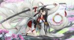  1girl animal_ears black_hair blue_eyes detached_sleeves fox_ears fox_tail highres japanese_clothes katana kikivi kyuubi long_hair miko multiple_tails original solo sword tail weapon 