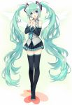  1girl aqua_eyes aqua_hair boots detached_sleeves full_body hands_clasped hatsune_miku head_tilt long_hair looking_at_viewer necktie skirt solo thigh-highs thigh_boots twintails usamito very_long_hair vocaloid 