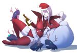  1girl adapted_costume antlers bottle commentary_request gift_bag green_eyes hat i-class_destroyer kantai_collection lying midriff reindeer_antlers ro-class_destroyer santa_costume santa_hat shinkaisei-kan solid_eyes supi_(inner_map) ta-class_battleship thigh-highs tongue tongue_out white_eyes white_hair white_skin 