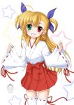  1girl blonde_hair flipper heterochromia japanese_clothes long_hair lyrical_nanoha mahou_shoujo_lyrical_nanoha_vivid miko standing thigh-highs twintails two_side_up vivio 