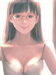  1girl black_hair breasts cleavage glasses highres long_hair mmelica mole mole_under_eye original smile solo 