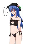  1girl arms_behind_back black_bra black_panties blue_hair bra cat_lingerie collarbone cowboy_shot flat_chest food frilled_bra frills fruit hat hinanawi_tenshi holding_arm long_hair panties parted_lips peach red_eyes shaded_face sketch solo strap_slip string_panties touhou underwear yumi_(careca398) 