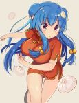  1girl :o bangs baozi black_shoes blue_hair blush bow breasts china_dress chinese_clothes double_bun dress dropping eyebrows eyebrows_visible_through_hair food hair_bobbles hair_bow hair_ornament large_breasts long_hair nail_polish ranma_1/2 red_dress red_eyes red_nails shampoo_(ranma_1/2) shigure_ui shoes short_dress short_sleeves side_slit sidelocks simple_background solo thigh_gap white_bow 