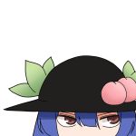  1girl amino_(tn7135) blue_hair body_offscreen face food fruit hat hinanawi_tenshi looking_to_the_side peach simple_background solo touhou white_background 