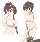  1girl bikini broom brown_eyes brown_hair girls_und_panzer koyama_yuzu nanashino short_hair short_ponytail simple_background swimsuit white_background wink 