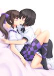  2girls between_thighs black_hair black_skirt blush bow brown_hair checkered checkered_skirt face-to-face frills gomi_(gomitin) hair_bow himekaidou_hatate incipient_kiss long_hair multiple_girls no_hat on_bed pointy_ears profile puffy_short_sleeves puffy_sleeves red_eyes shameimaru_aya shirt short_hair short_sleeves skirt touhou twintails violet_eyes white_shirt yuri 