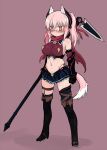  1girl black_legwear blush boots breasts elbow_gloves glasses gloves hair_ornament large_breasts midriff navel null_(nyanpyoun) original pink_hair polearm simple_background standing sweatdrop tail thigh-highs thigh_boots twintails weapon yellow_eyes 