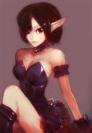  1girl arm_support armband artist_request bare_shoulders boots breasts brown_eyes brown_hair choker cleavage collarbone elf gloves hair_over_one_eye jihoon lips looking_to_the_side original pleated_skirt pointy_ears sitting skirt solo 