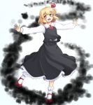  1girl :d black_skirt blonde_hair blush darkness gomi_(gomitin) hair_ribbon long_sleeves mary_janes necktie open_mouth outstretched_arms red_eyes red_ribbon red_shoes ribbon rumia shirt shoes short_hair skirt skirt_set smile solo spread_arms touhou vest white_blouse white_shirt wing_collar 