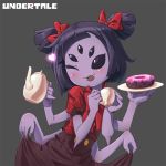  1girl black_eyes black_hair blush copyright_name cup curtsey doughnut dress dress_lift extra_arms extra_eyes fangs food heart holding insect_girl monster_girl muffet one_eye_closed open_mouth plate purple_skin ribbon shirt short_hair short_twintails smile solo spider_girl teacup teapot twintails two_side_up undertale 