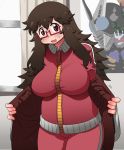  1girl black_hair blush breasts brown_eyes female freckles glasses highres kamen_rider large_breasts long_hair matsuda_yuusuke messy_hair off_shoulder plump red-framed_glasses semi-rimless_glasses solo sweatdrop track_suit under-rim_glasses yonezawa_natsumi yuusha_to_maou zipper 