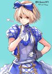  1girl blonde_hair blue_ribbon blush brown_eyes cafe_au_lait_(kafeore) djeeta_(granblue_fantasy) dress gloves granblue_fantasy hair_ribbon hairband hand_on_hip looking_at_viewer puffy_short_sleeves puffy_sleeves ribbon short_hair short_sleeves simple_background sketch smile solo sparkle superstar_ex_(granblue_fantasy) twitter_username white_gloves 