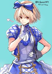  1girl blonde_hair blue_ribbon blush brown_eyes cafe_au_lait_(kafeore) djeeta_(granblue_fantasy) dress gloves granblue_fantasy hair_ribbon hairband hand_on_hip looking_at_viewer puffy_short_sleeves puffy_sleeves ribbon short_hair short_sleeves simple_background sketch smile solo sparkle superstar_ex_(granblue_fantasy) twitter_username white_gloves 