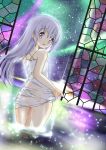  1girl ass bangs blush drying_clothes glowing keespring looking_at_viewer looking_back miu_(re;member) official_art open_mouth partially_submerged purple_hair re;member sidelocks sky solo star_(sky) starry_sky violet_eyes water wet wet_clothes 