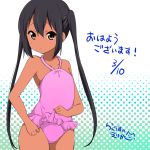  1girl black_hair brown_eyes k-on! long_hair nakano_azusa one-piece_swimsuit ragho_no_erika swimsuit tan twintails 