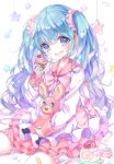  1girl bandaid blue_eyes blue_hair cupcake eating food food_on_face hatsune_miku long_hair looking_at_viewer lots_of_laugh_(vocaloid) open_mouth scrunchie shiori_(xxxsi) sitting skirt solo star stuffed_animal stuffed_bunny stuffed_toy twintails very_long_hair vocaloid white_background 