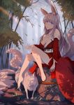  1girl animal_ears bare_shoulders barefoot blue_eyes breasts cleavage collarbone fox grey_hair highres japanese_clothes kimono large_breasts legs lips long_hair nature original sitting smile solo tail tree umbrella 