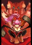  1girl @_@ animal_ears bell bell_collar black_legwear breasts caster_(fate/extra) cleavage collar fangs fate/grand_order fate_(series) fox_ears fox_tail hair_ribbon highres japanese_clothes large_breasts long_hair looking_at_viewer open_mouth pink_hair ribbon solo tail tamamo_cat_(fate/grand_order) thigh-highs yellow_eyes 